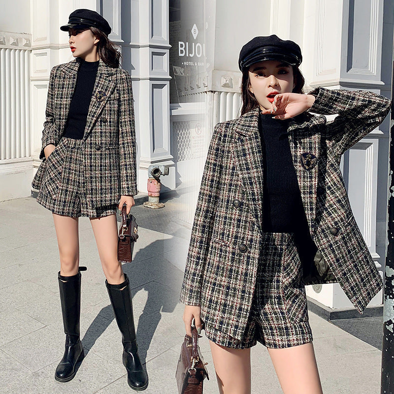 Vintage Woolen Plaid Jacket Shorts Two Piece Suit