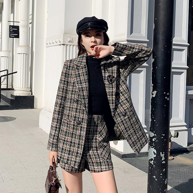 Vintage Woolen Plaid Jacket Shorts Two Piece Suit