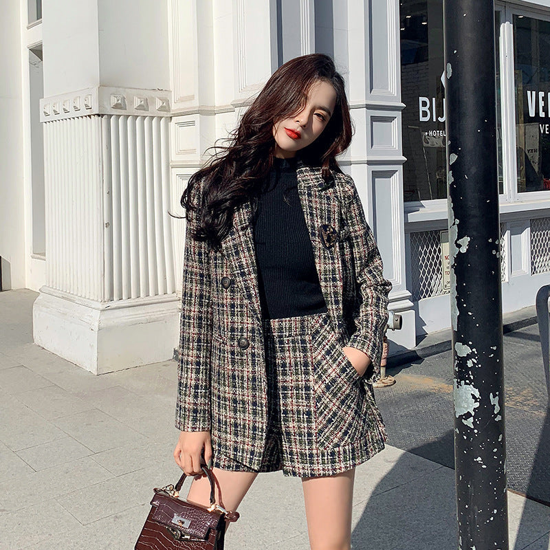Vintage Woolen Plaid Jacket Shorts Two Piece Suit