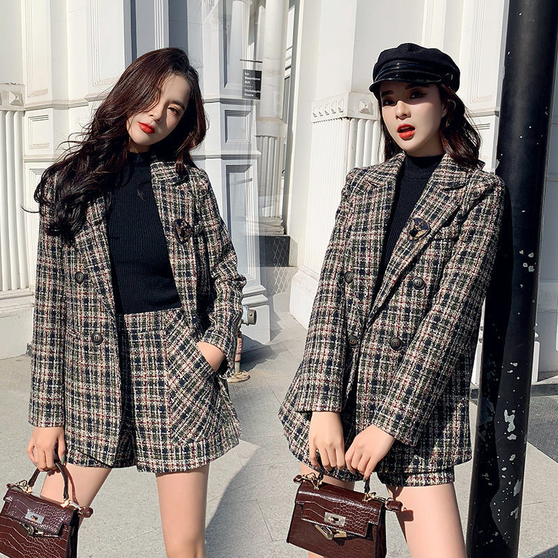 Vintage Woolen Plaid Jacket Shorts Two Piece Suit