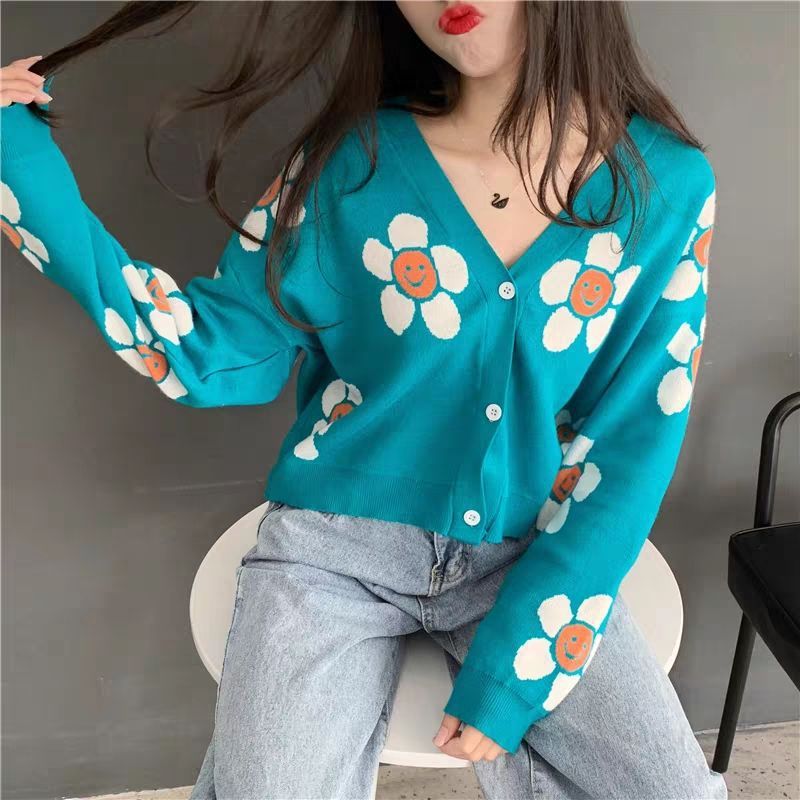 Daisy Flower Loose V-neck  Knitted Cardigan