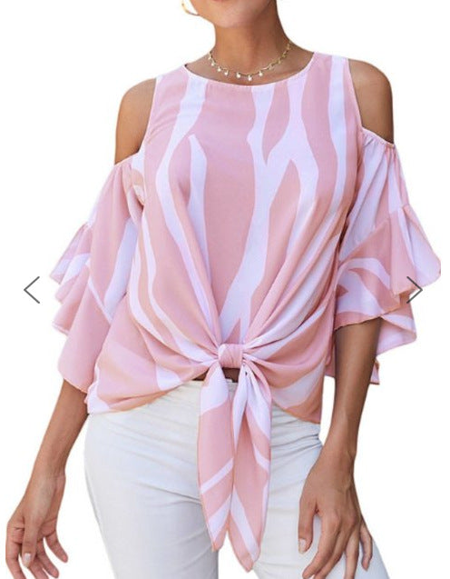 Simple Bow Striped Off Shoulder Blouse with Petal Sleeve, IrregularHem