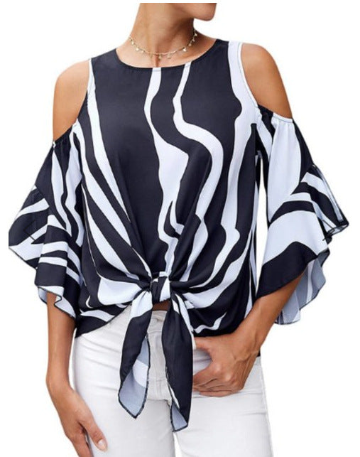 Simple Bow Striped Off Shoulder Blouse with Petal Sleeve, IrregularHem