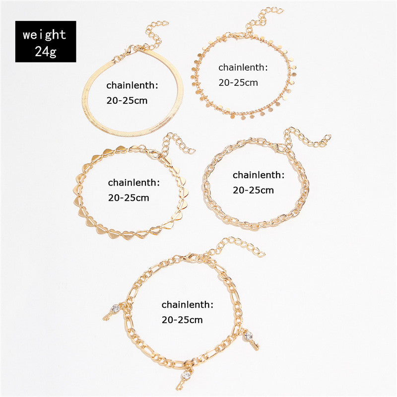 5 Piece Gold Heart Crystal Key Fashion Anklets.