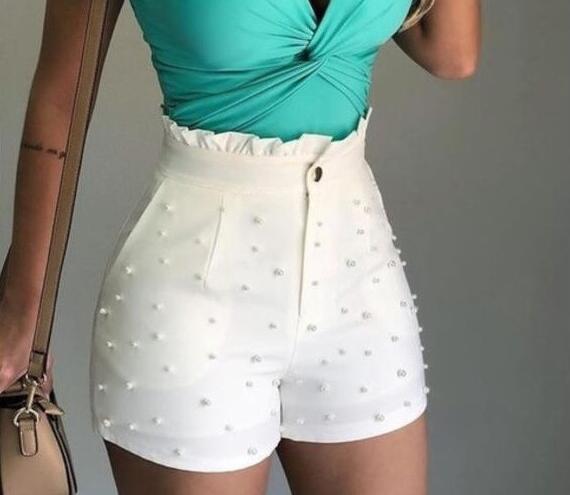 Cannon Beads Solid Color High Waist Shorts
