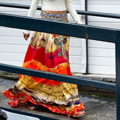 Festival Time Bohemia  Two Piece Set -  Orange  Long Skirt or White Off Shoulder Top