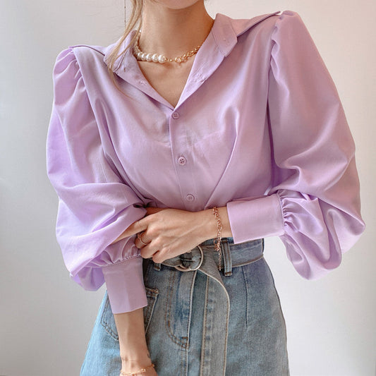 Lapel Love Lantern V Neck Sleeves Shirt