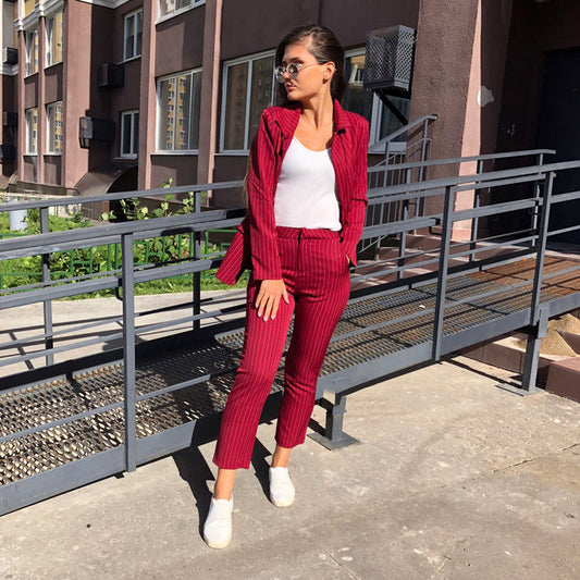 Office Lady Pencil Pants Buttoned Top 2 Piece Set