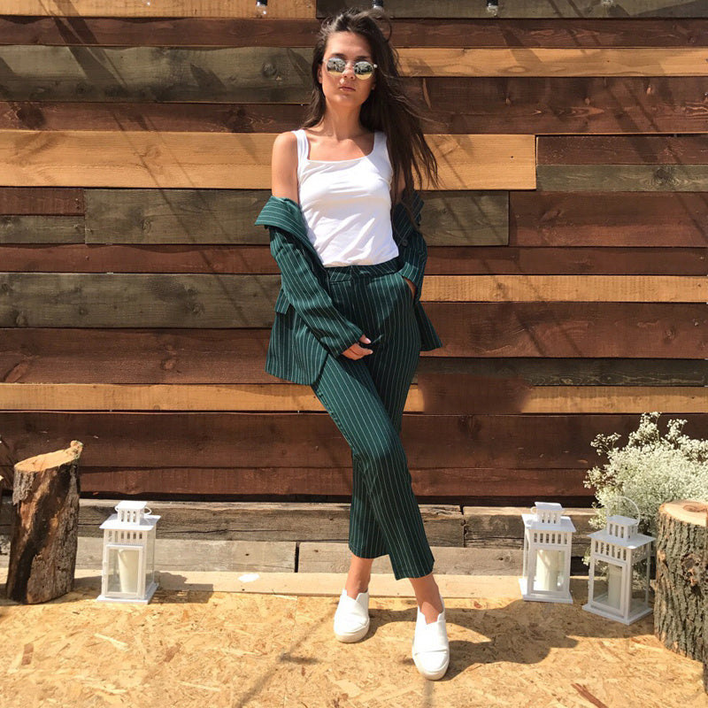 Office Lady Pencil Pants Buttoned Top 2 Piece Set