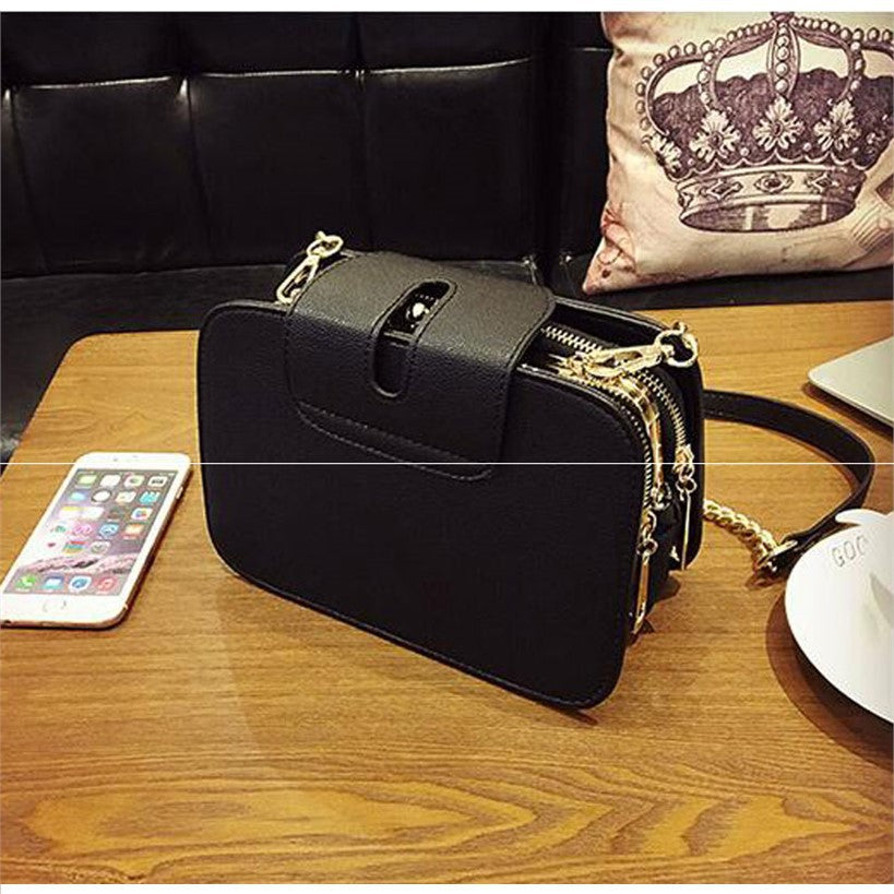 Elegant Wide Messenger Hand Bag with Zippers & Metal Buckle