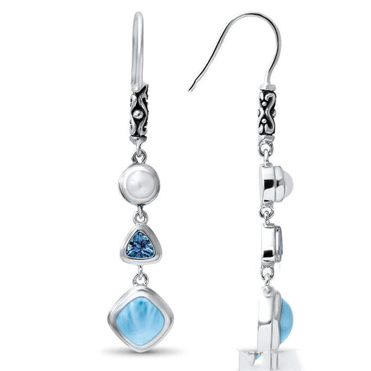 Sea Blue Natural Stone Long Pendant Drop Hook Silver Earrings.