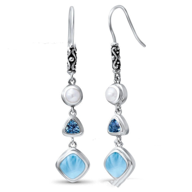 Sea Blue Natural Stone Long Pendant Drop Hook Silver Earrings.