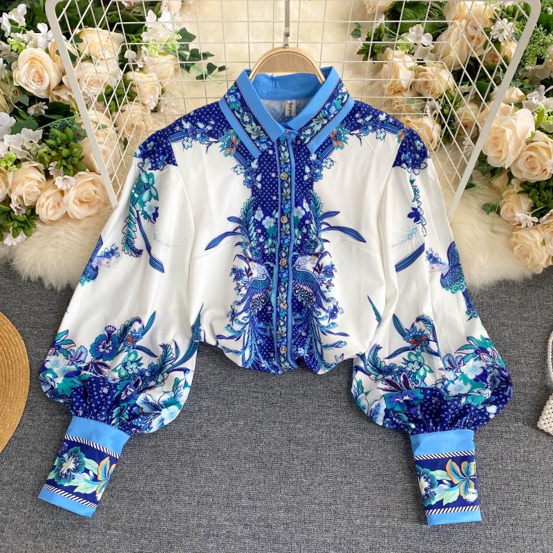 Vintage Floral Print Shirt With Puff Sleeves