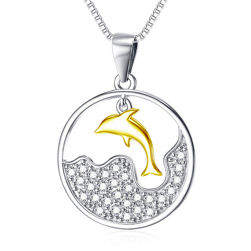Sea Dolphin Pendant with 925 Sterling Silver Box Chain 18K Gold Overlay Adorned with Sparkling CZ Gemstones.