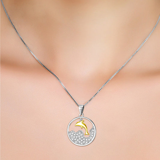 Sea Dolphin Pendant with 925 Sterling Silver Box Chain 18K Gold Overlay Adorned with Sparkling CZ Gemstones.