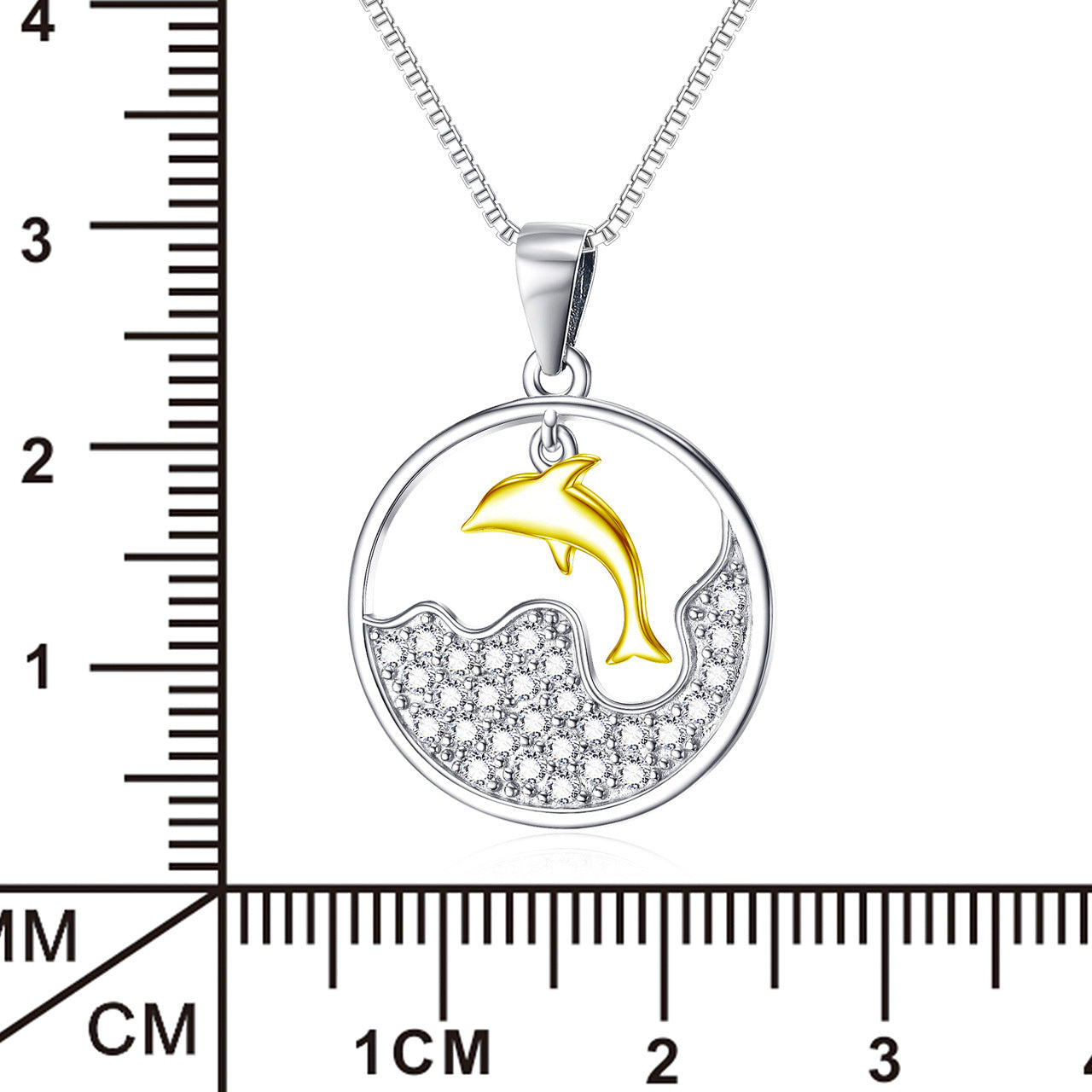 Sea Dolphin Pendant with 925 Sterling Silver Box Chain 18K Gold Overlay Adorned with Sparkling CZ Gemstones.