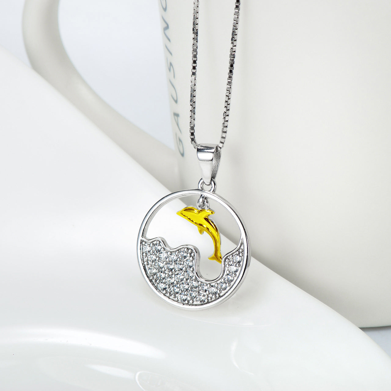 Sea Dolphin Pendant with 925 Sterling Silver Box Chain 18K Gold Overlay Adorned with Sparkling CZ Gemstones.