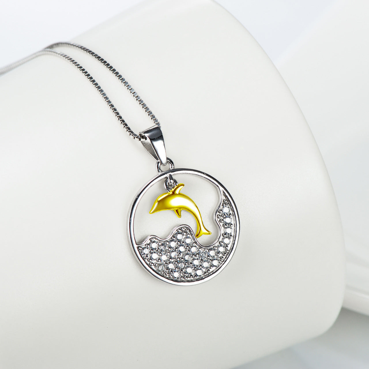 Sea Dolphin Pendant with 925 Sterling Silver Box Chain 18K Gold Overlay Adorned with Sparkling CZ Gemstones.