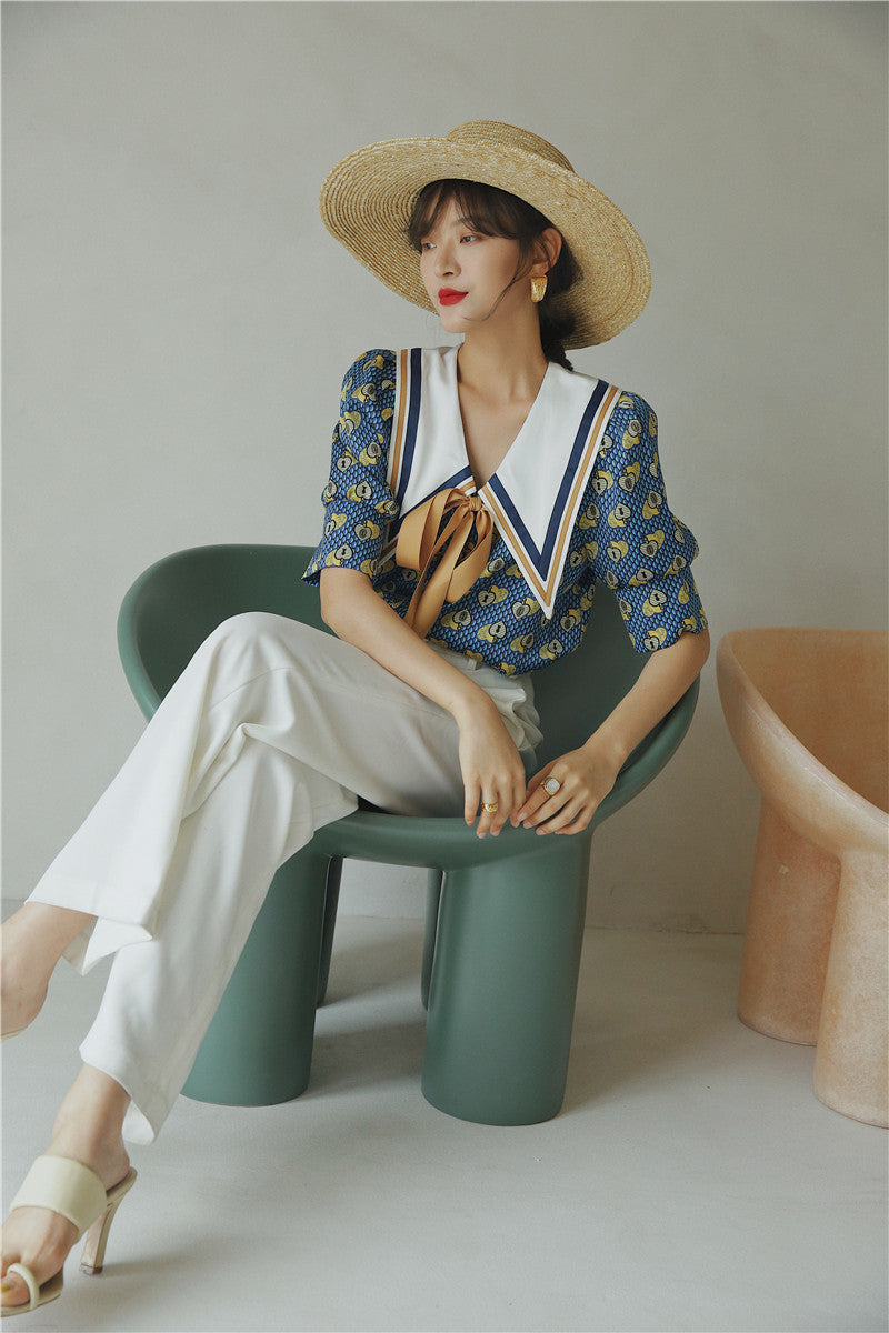 Knot Detail Blue Printed Short-sleeved Shirt