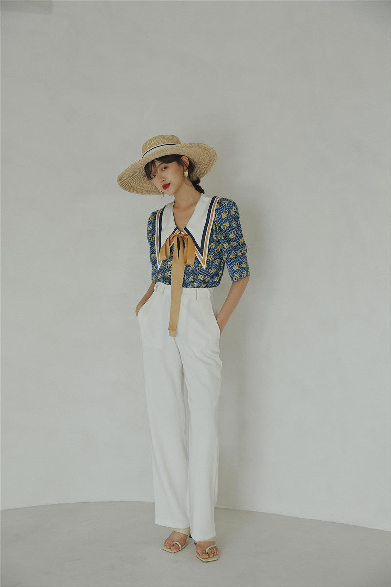 Knot Detail Blue Printed Short-sleeved Shirt