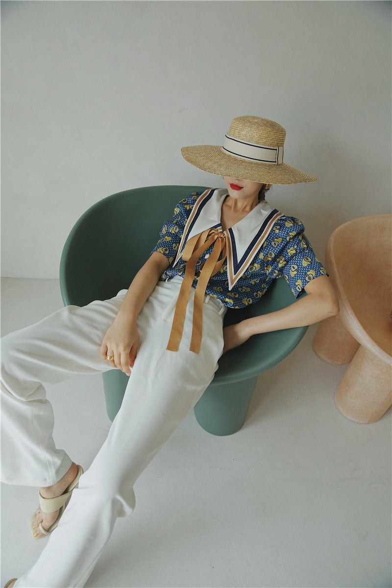 Knot Detail Blue Printed Short-sleeved Shirt