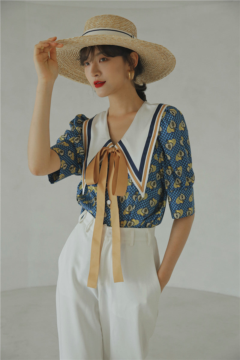 Knot Detail Blue Printed Short-sleeved Shirt