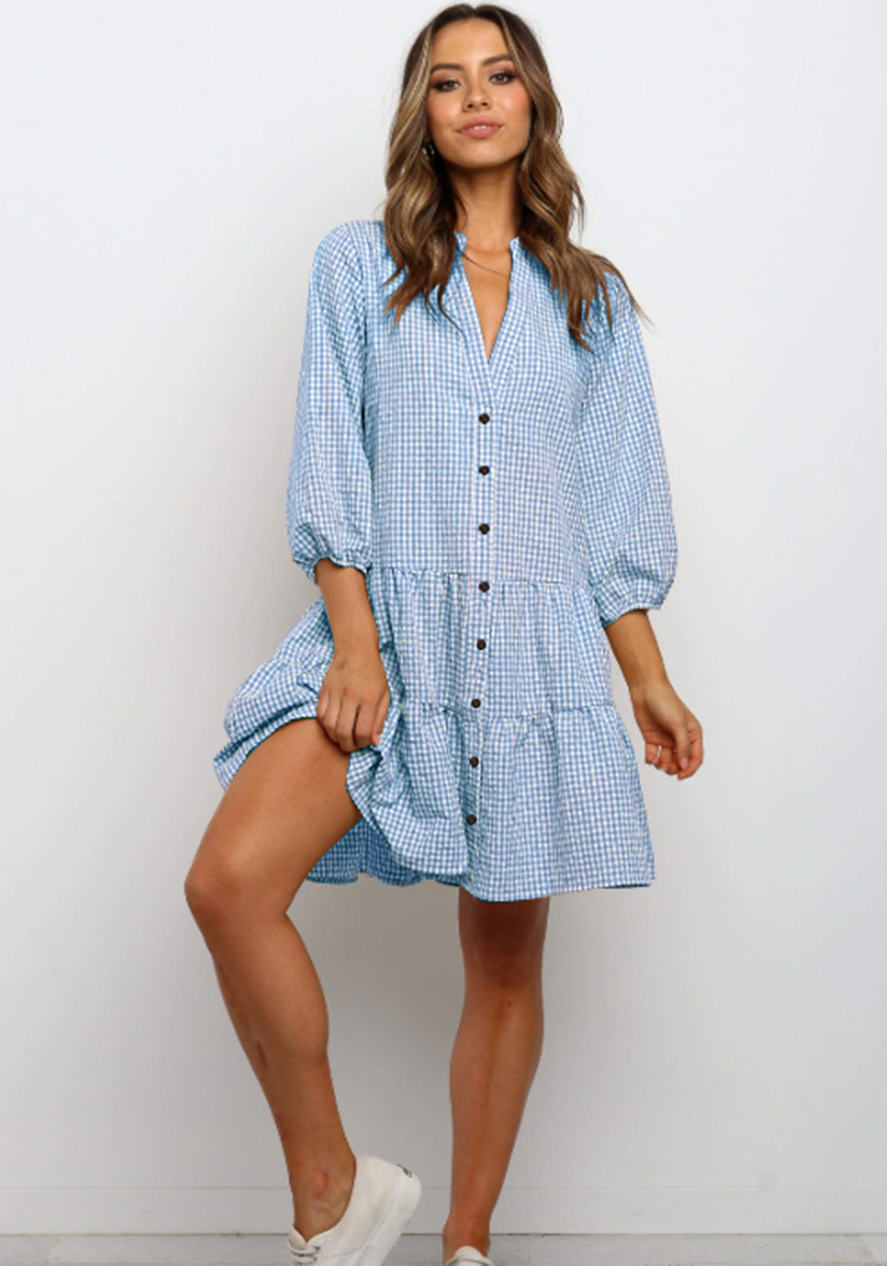 Love  Ruffle  Shirt Style V-neck Dress with 3/4  Sleeve