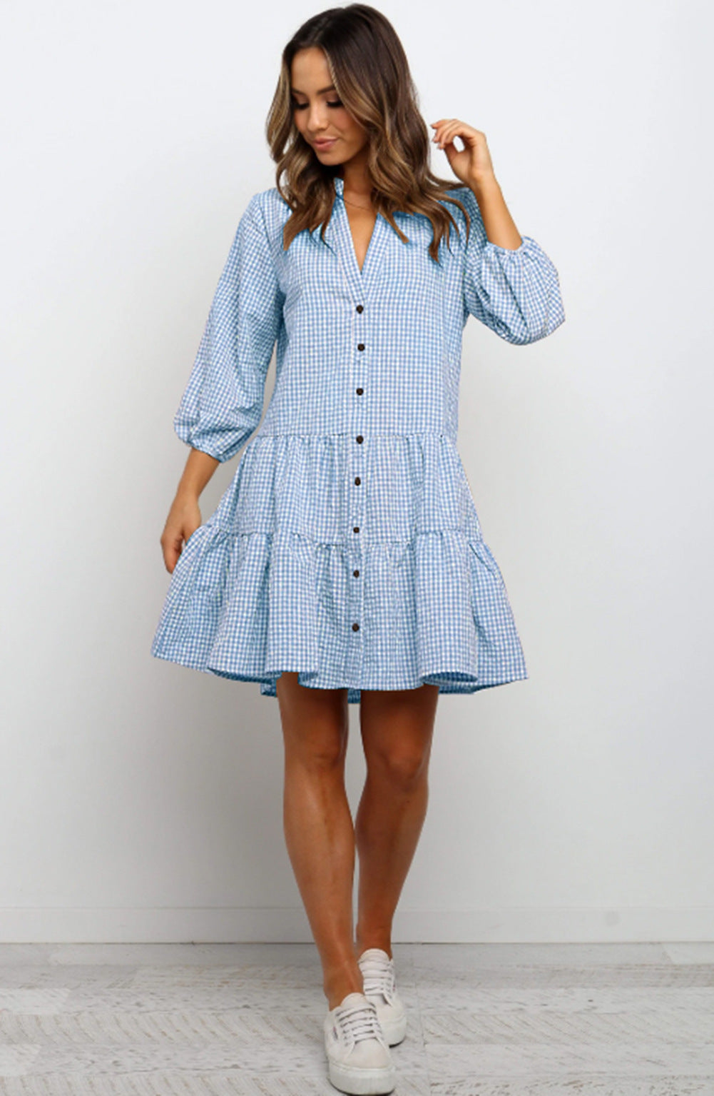 Love  Ruffle  Shirt Style V-neck Dress with 3/4  Sleeve