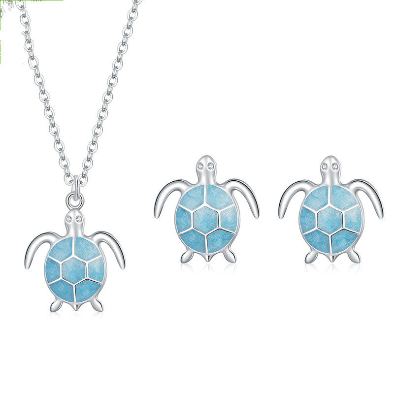 925 Sterling Silver Playful Turquoise Turtle Set - Earrings, Necklace .