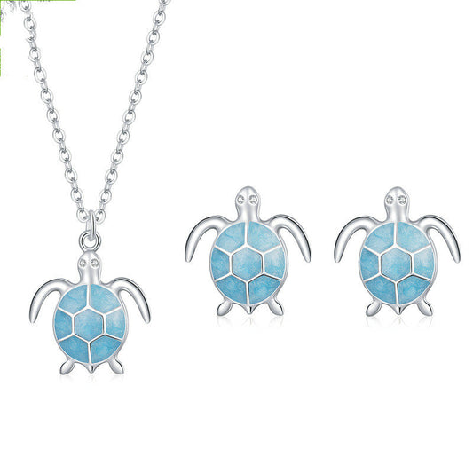 925 Sterling Silver Playful Turquoise Turtle Set - Earrings, Necklace .