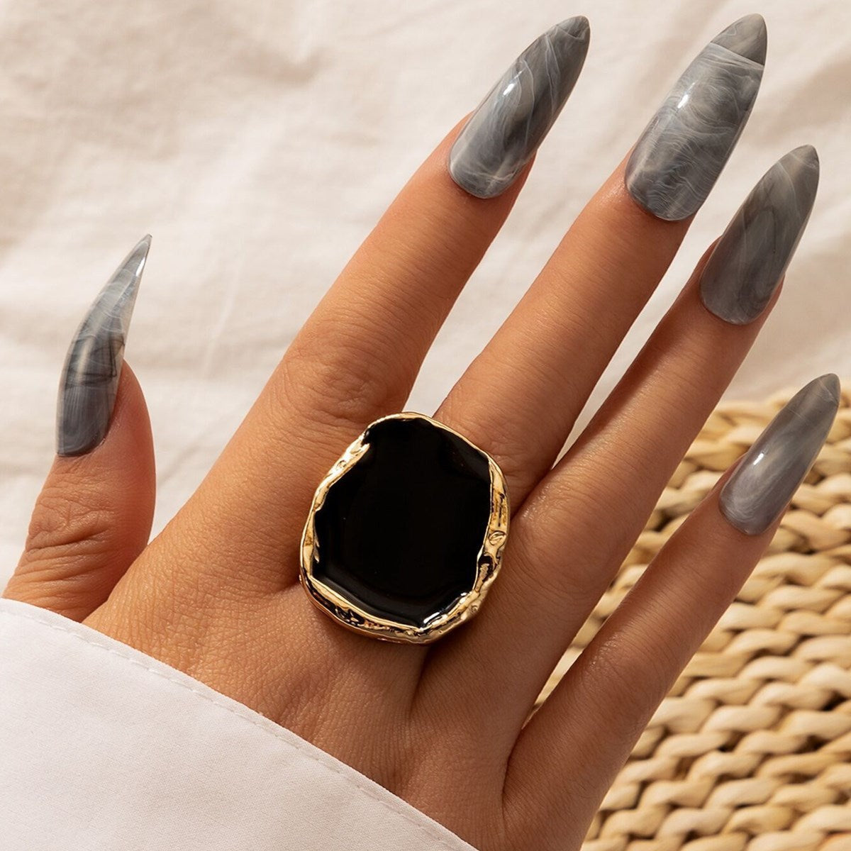 Tocona Bohemian Black Stone Ring Charming Gold Color - Adjustable Size.