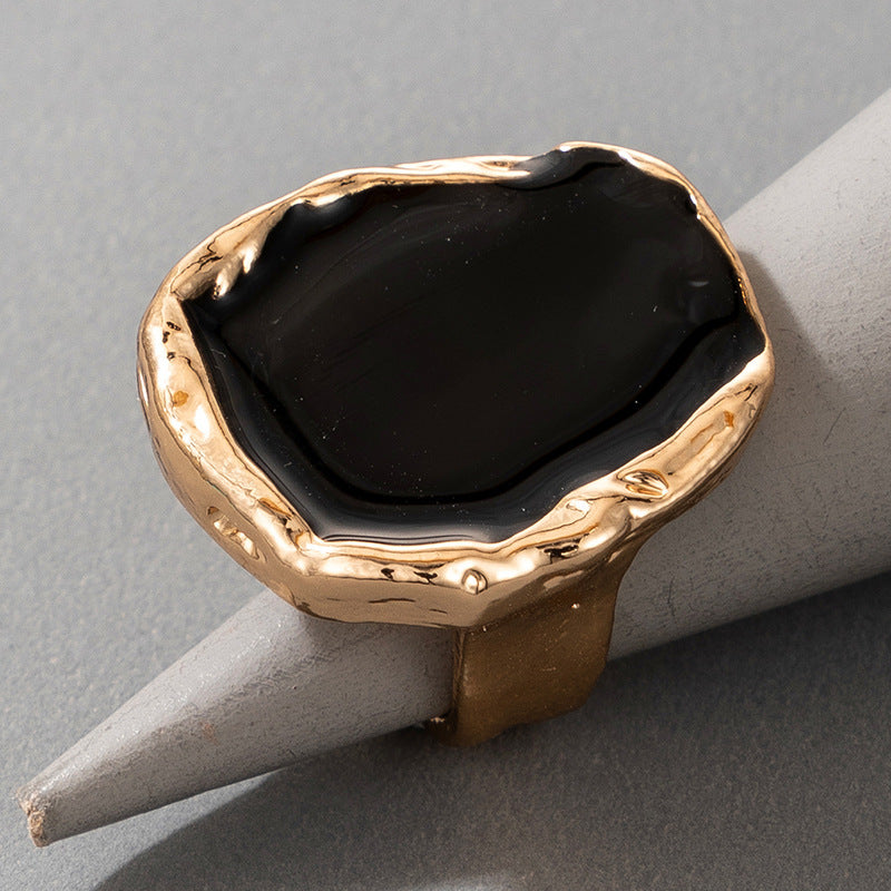 Tocona Bohemian Black Stone Ring Charming Gold Color - Adjustable Size.