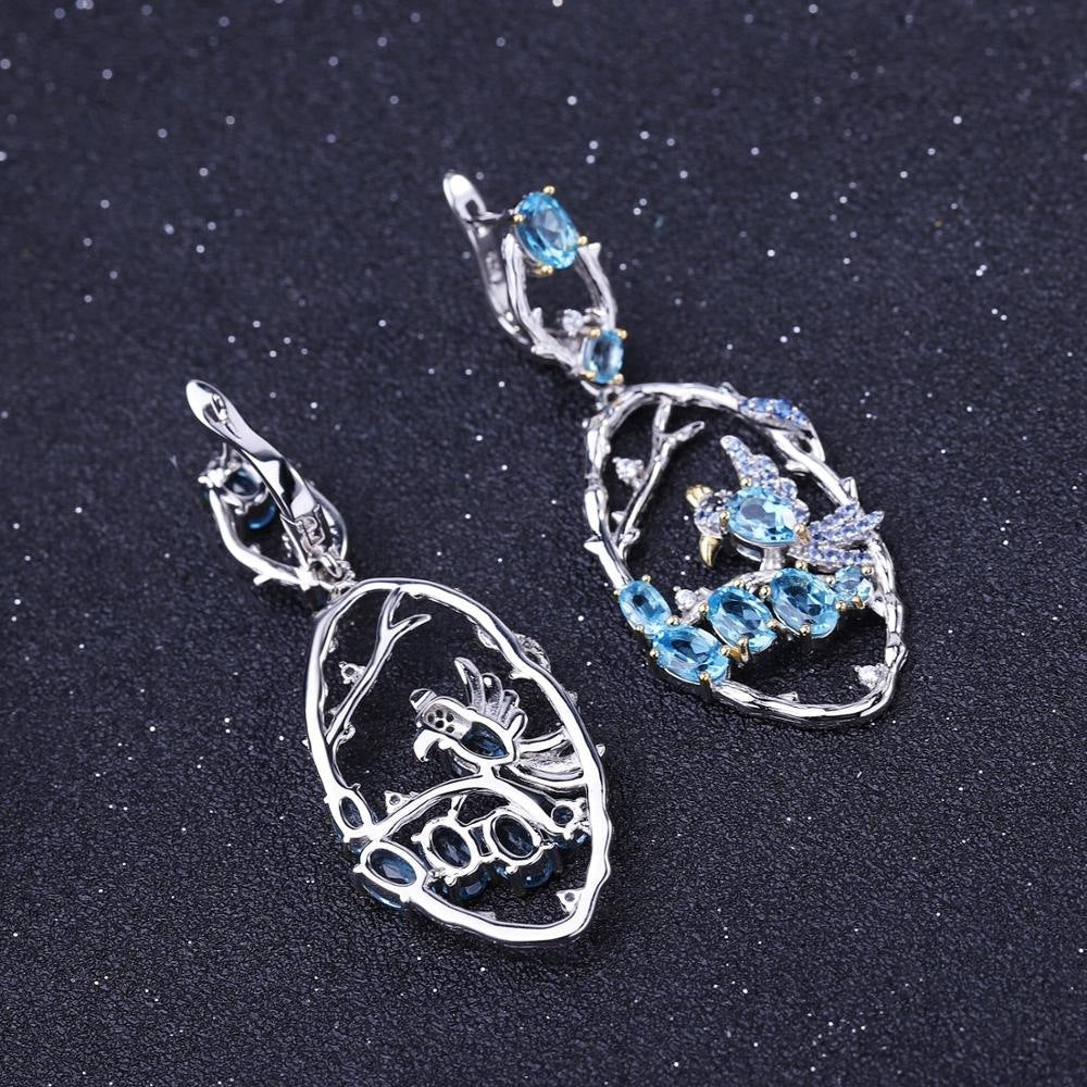 Natural Blue Topaz Two-Tone Bird 925 Sterling Silver Intricate Handmade Fashion Earrings.