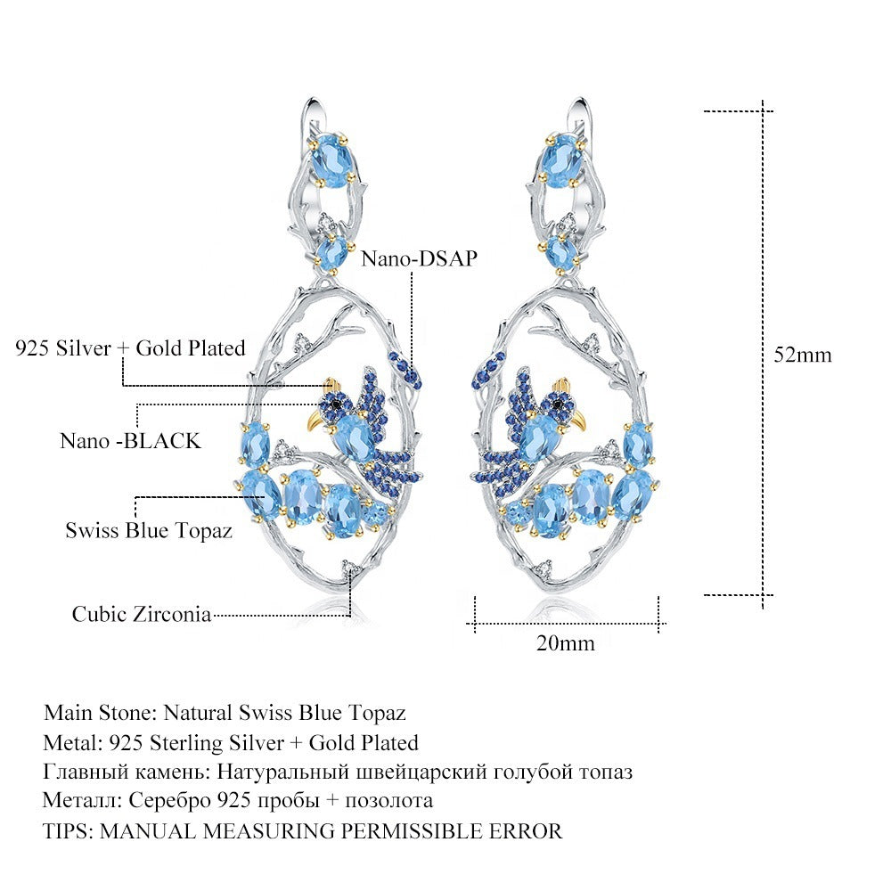 Natural Blue Topaz Two-Tone Bird 925 Sterling Silver Intricate Handmade Fashion Earrings.
