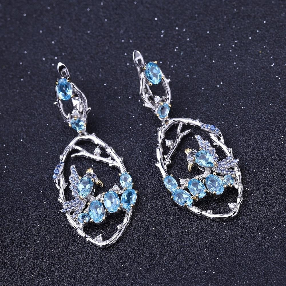 Natural Blue Topaz Two-Tone Bird 925 Sterling Silver Intricate Handmade Fashion Earrings.