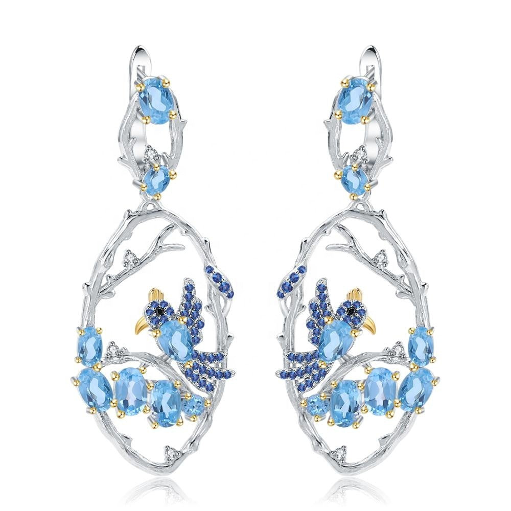 Natural Blue Topaz Two-Tone Bird 925 Sterling Silver Intricate Handmade Fashion Earrings.