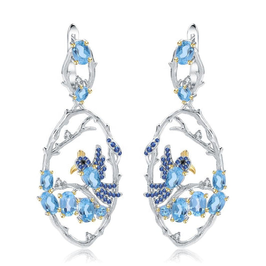 Natural Blue Topaz Two-Tone Bird 925 Sterling Silver Intricate Handmade Fashion Earrings.