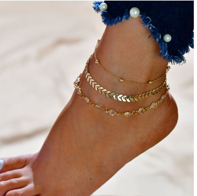 Gold Chain Bohemian Beads CZ Anklet.