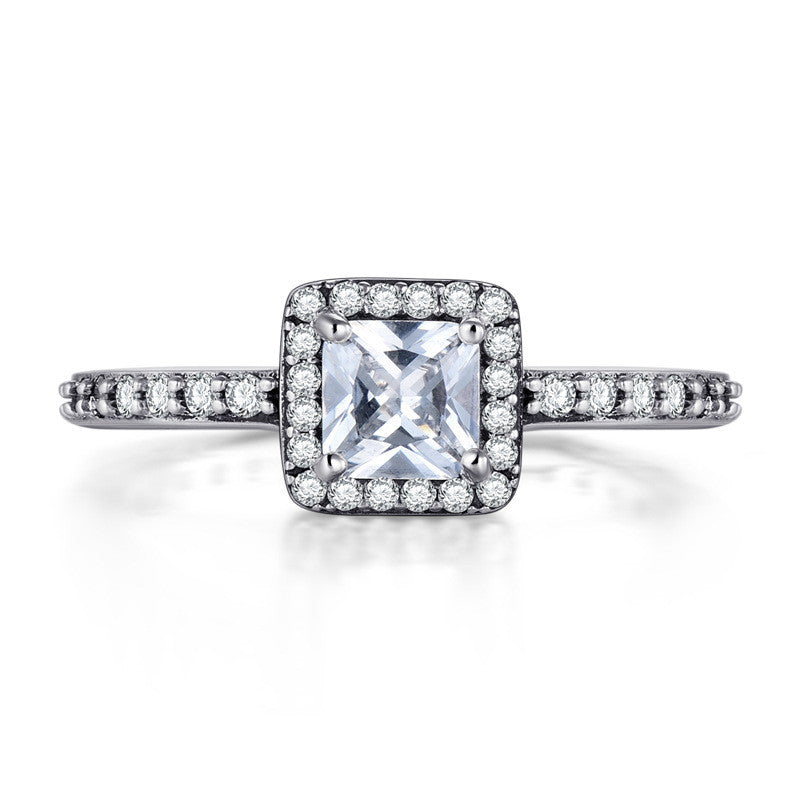 Retro 925 Sterling Silver Square Cut CZ Ring with Inlaid Adornments.