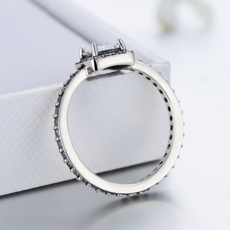 Retro 925 Sterling Silver Square Cut CZ Ring with Inlaid Adornments.