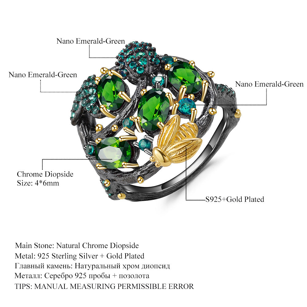 Handmade Designer Natural Honey Bee Diopside Silver Gold Overlay Ring