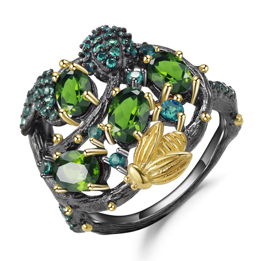 Handmade Designer Natural Honey Bee Diopside Silver Gold Overlay Ring