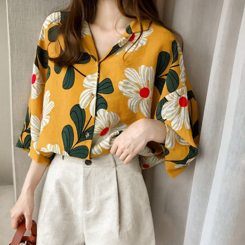Retro Floral Print Loose  Chiffon Shirt
