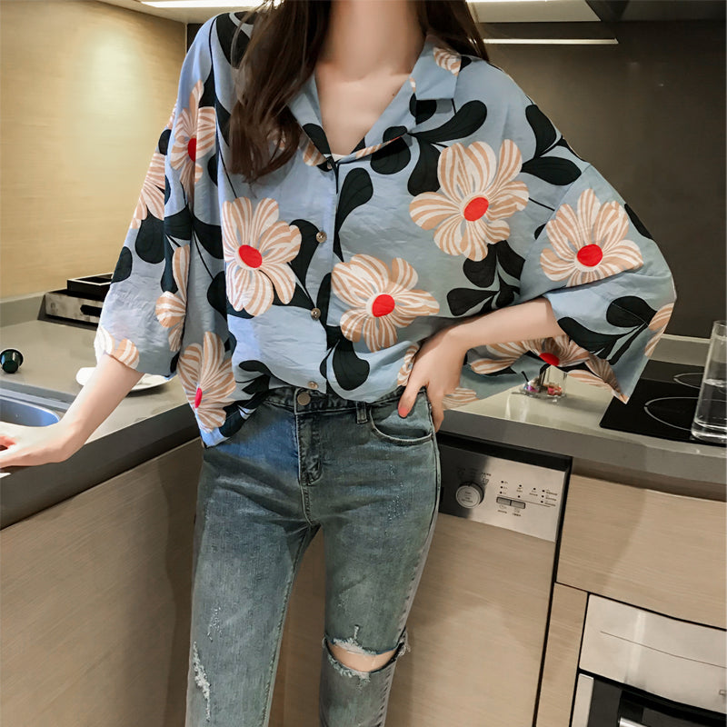 Retro Floral Print Loose  Chiffon Shirt