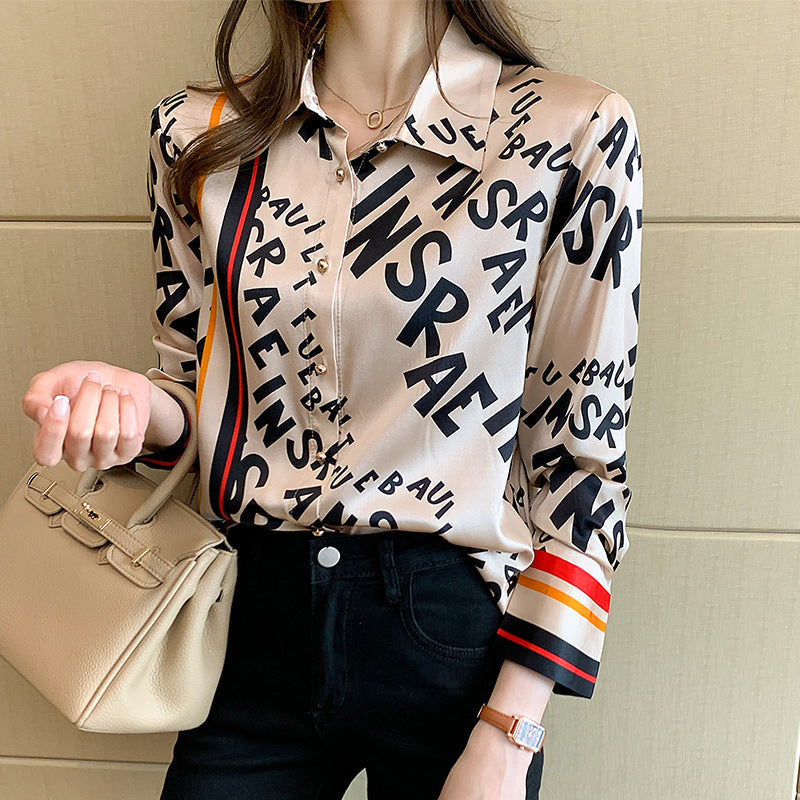 Classy Chiffon Lapel Collar Silk Letter Print Shirt