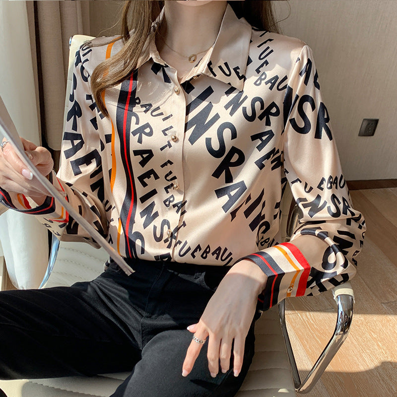 Classy Chiffon Lapel Collar Silk Letter Print Shirt