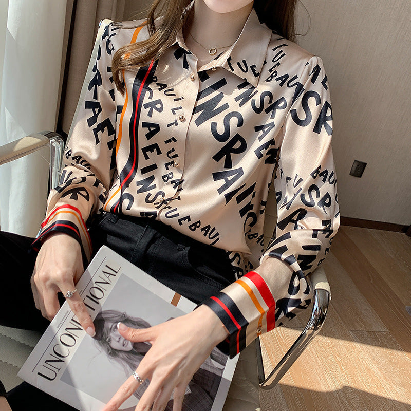 Classy Chiffon Lapel Collar Silk Letter Print Shirt