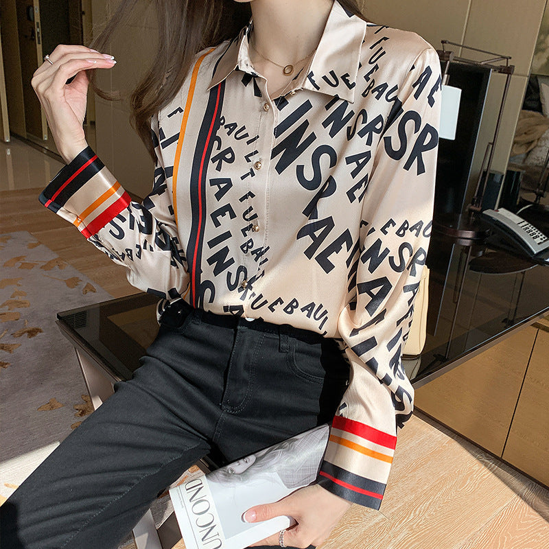Classy Chiffon Lapel Collar Silk Letter Print Shirt