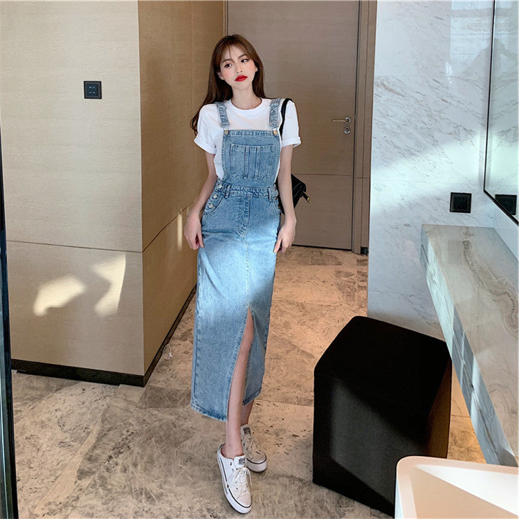 Timeless Strappy Split Retro Denim Skirt