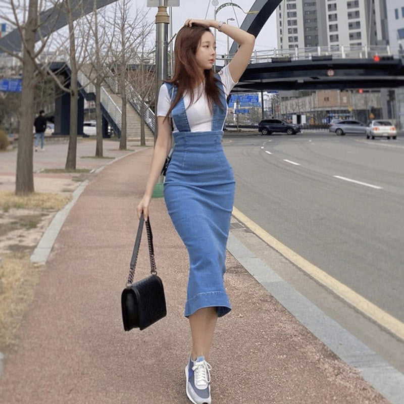 Quintessential Cutie Denim High-Waist Suspender Skirt